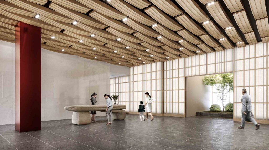 Japanese themed lobby by Tange Associates