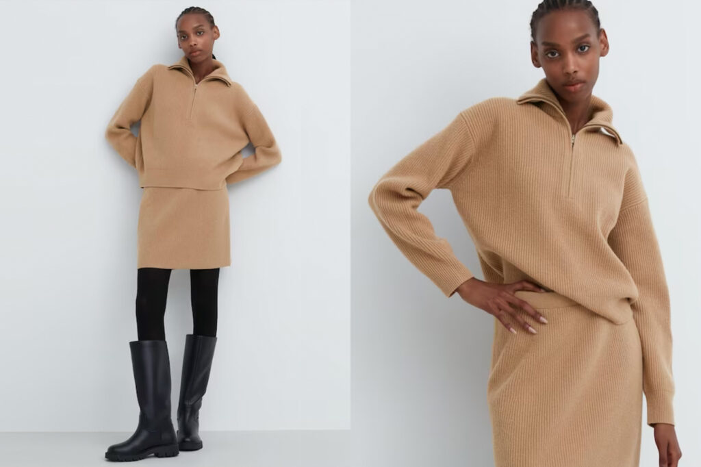 Premium lambswool long sleeve half-zip sweater and  mini skirt