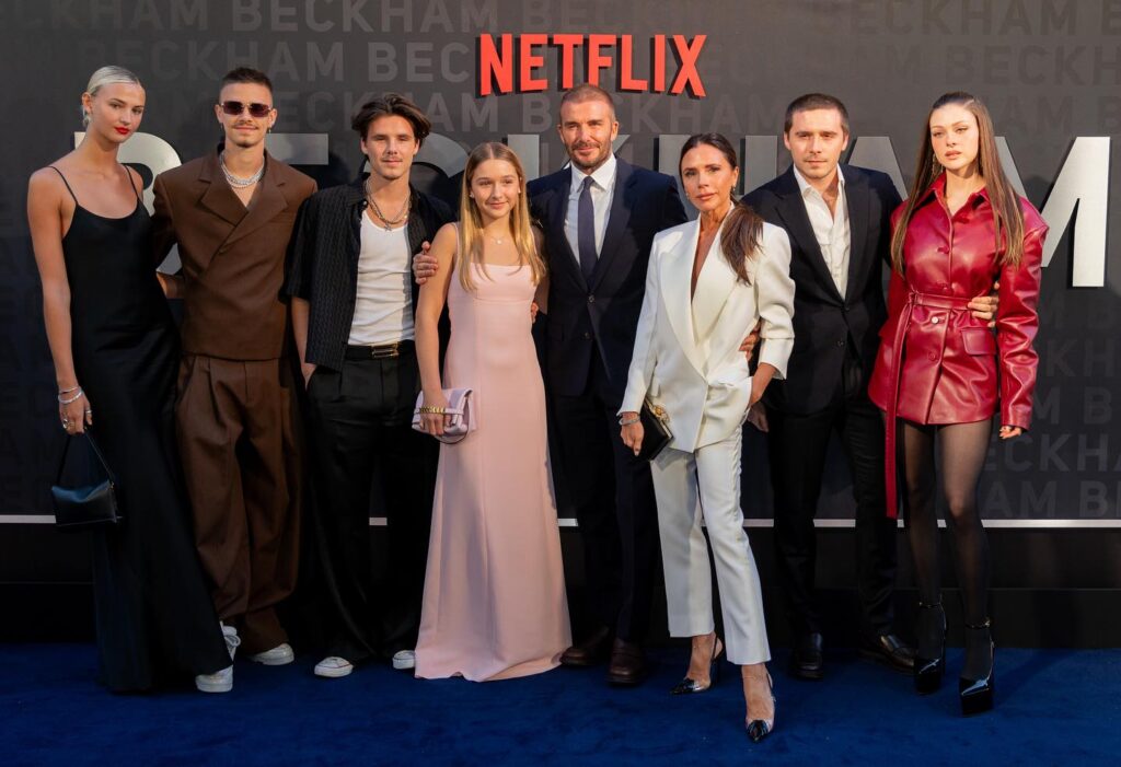 David and Victoria Beckham with their kids Brooklyn, Romeo, Cruz and Harper at the premiere of his Netflix documentary
