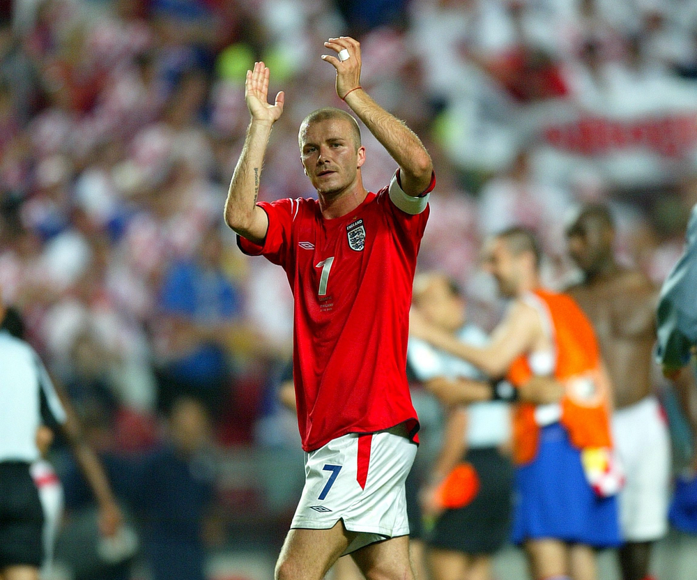 Beckham celebrates England's win over Portugal during the UEFA Euro 2004