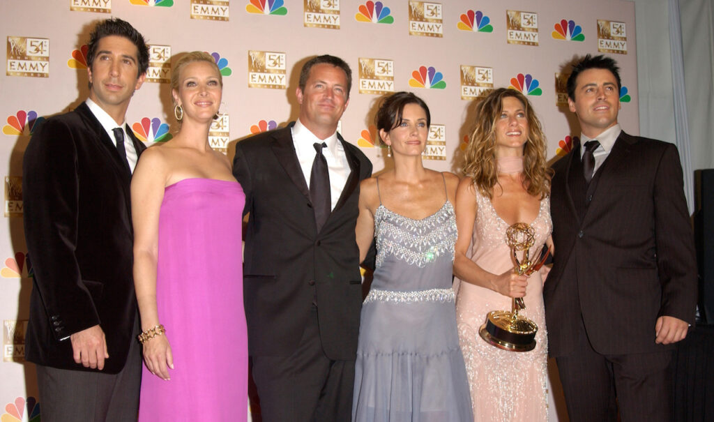 Friends stars David Schwimmer, Lisa Kudrow, Matthew Perry, Courteney Cox, Jennifer Aniston and Matt LeBlanc at the 2002 Emmys