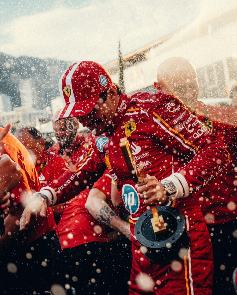 Charles Leclerc celebrates his win at Monaco Grand Prix